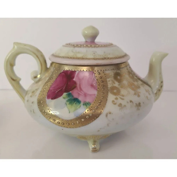 Vintage‎ Hand Painted Pink Gold Floral Footed Teapot & Creamer - Picture 6 of 14